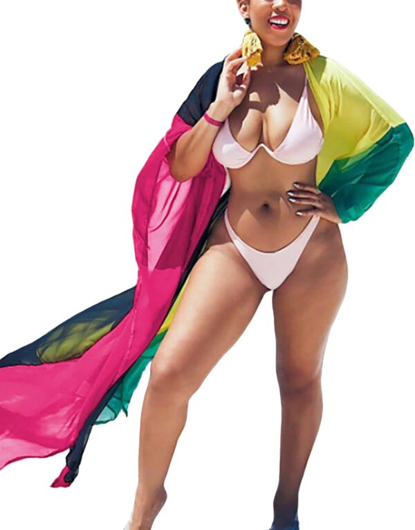 Bsubseach Plus Size Women Chiffon Beach Bikini Cover Up Colorful Splicing Kimono Cardigan