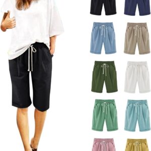 Linen Bermuda Shorts Women Plus Size Elastic High Waist Knee Length Boho Beach Shorts Casual Summer Cotton Loose Sweat Shorts