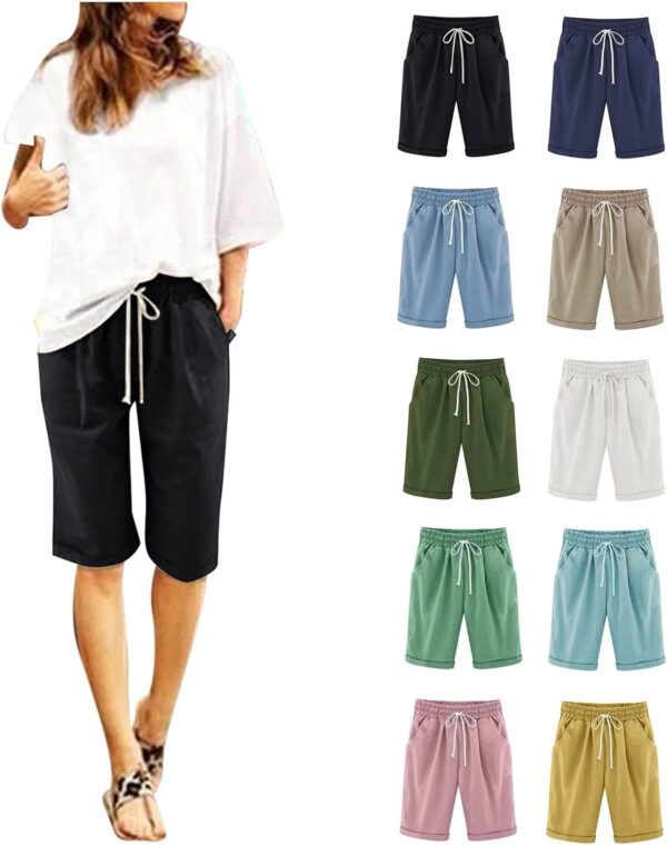 Linen Bermuda Shorts Women Plus Size Elastic High Waist Knee Length Boho Beach Shorts Casual Summer Cotton Loose Sweat Shorts