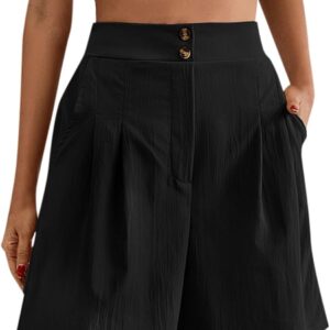 Bermuda Shorts for Women Knee Length Wide Leg Button Pants Trendy Elastic Waist Summer Casual Short with Pockets