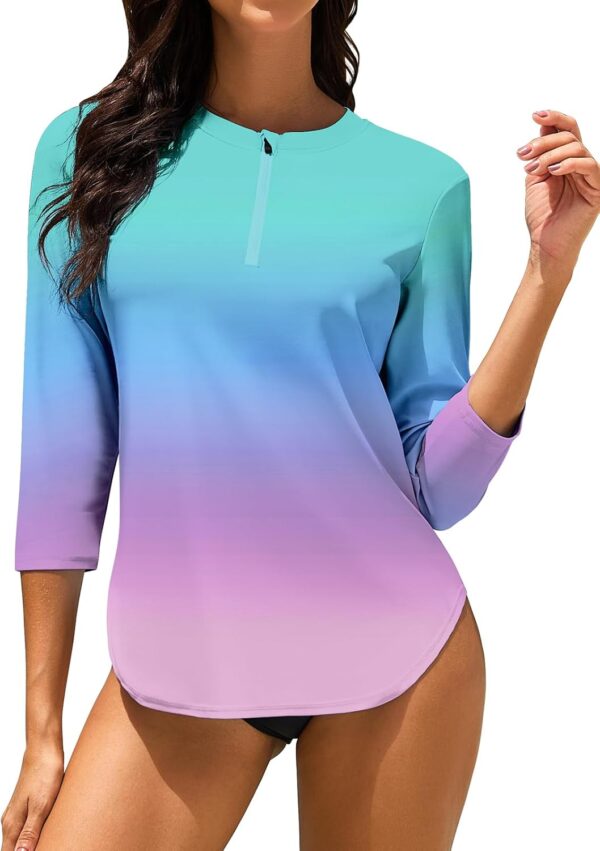 Soneven Women 3/4 Sleeve Rash Guard 1/4 Zip Swim Shirts UPF 50+ Sun Protection Swimsuit Top No Bottom