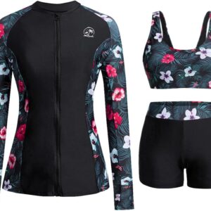Holipick Long Sleeve Swimsuits for Women - 3 Piece Rash Guard with Shorts Zipper SPF Swim Shirt with Built in Bra