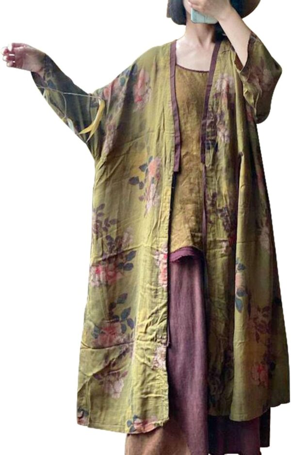 LUZU JUNU Women's Lightweight Cotton Kimono Floral Tie Up Loose Boho Cardigan Open Front Trench Coat Shawl With Pockets