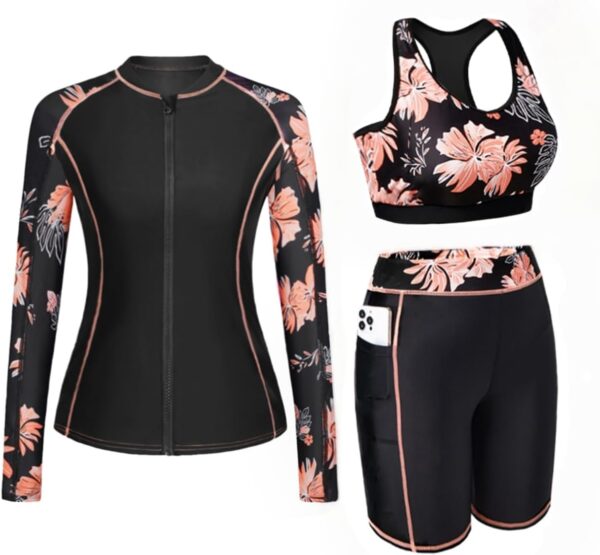 Daci Women 3 Piece Rash Guard - 3PC Long Sleeve Zip up Swim Shirt Sports Bra Modest Swimsuit with Shorts