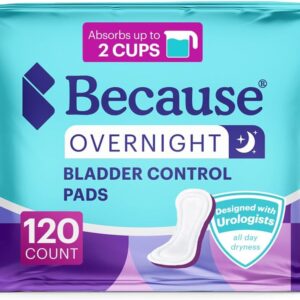 Because Overnight Incontinence Pads for Women – Moderate-to-Heavy Absorbency for Nighttime Use, Long-Length Protection, 120 Count, New Version