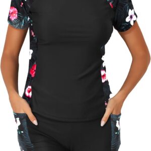 Daci Women's 2 Piece Rash Guard UPF 50+ Short Sleeve Swim Shirt with Shorts Swimsuit with Pockets and Built-in Bra