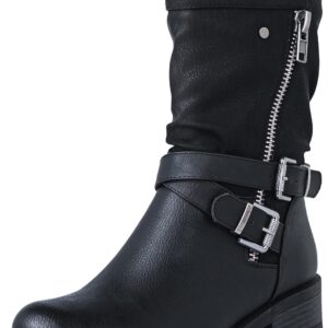 GLOBALWIN Women's Fall Fashion Biker Boots Mid Calf Boots For Women Low Heel