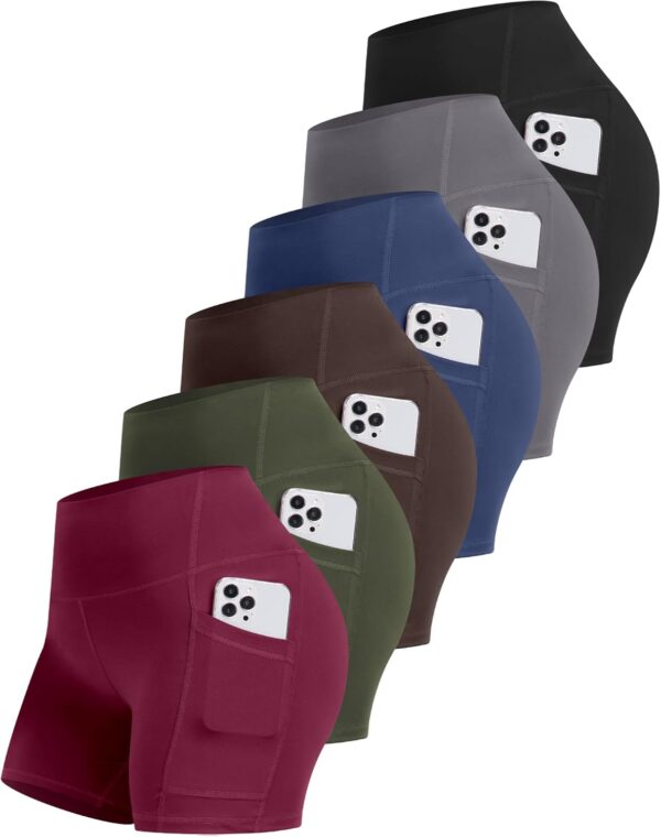 CHRLEISURE 6 Packs Womens Biker Shorts with Pocket, 5 Inch High Waisted Tummy Control Spandex Yoga Workout Shorts