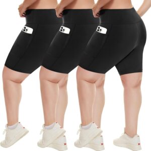 HLTPRO 3 Pack Plus Size Biker Shorts with Pockets for Women (S-4XL)- 8"/5"/3" High Waist Tummy Control Shorts for Yoga