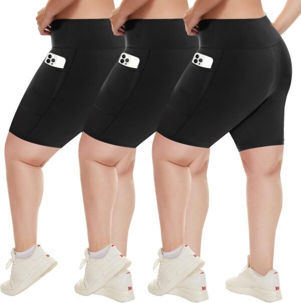 HLTPRO 3 Pack Plus Size Biker Shorts with Pockets for Women (S-4XL)- 8"/5"/3" High Waist Tummy Control Shorts for Yoga