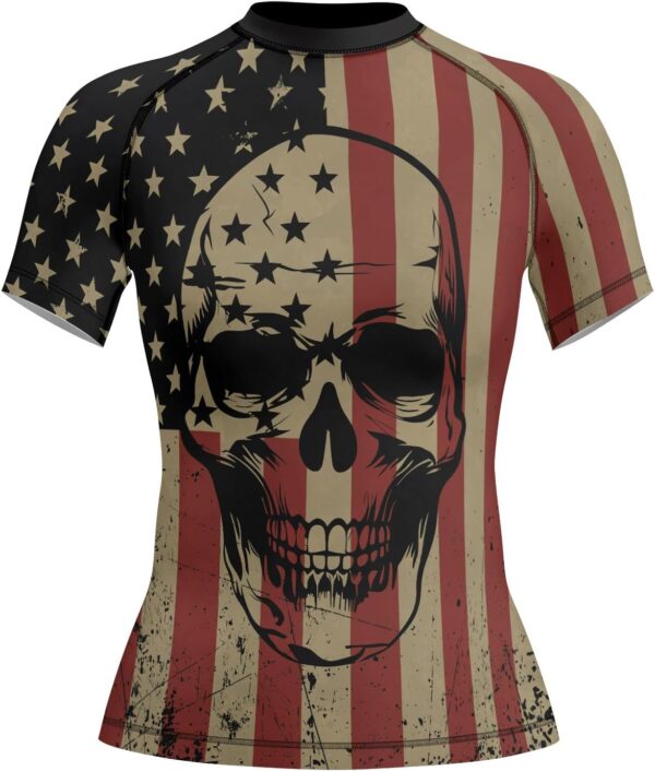 Women’s Short Sleeve Rash Guard – Combat Fit Top for BJJ MMA No-Gi Rolling and Patriot-Inspired Training