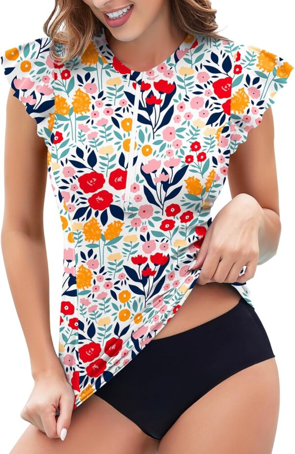 WOWENY Womens Padded Rash Guard Short Sleeve Swim Shirts 1/4 Zip UPF 50 Sun Protection Swimsuit Tankini Bathing Suit Top