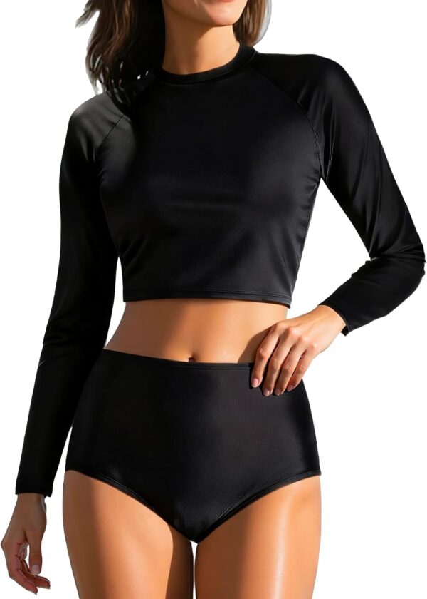 Pinup Fashion Long Sleeve Rash Guard - 2 Piece Swimsuit Bathing Suits with Bottom Swim Top UV UPF 50+