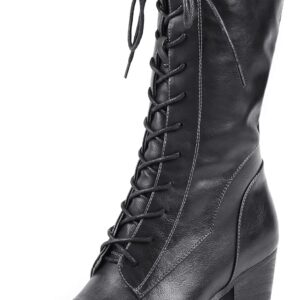 UTIKLIOU Women's Mid Calf Boots Lace up Combat Boots Leather Side Zipper Winter Boots Faux Fur Lining