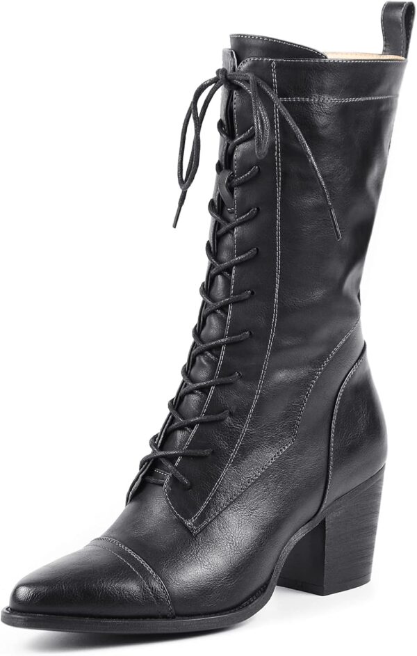 UTIKLIOU Women's Mid Calf Boots Lace up Combat Boots Leather Side Zipper Winter Boots Faux Fur Lining