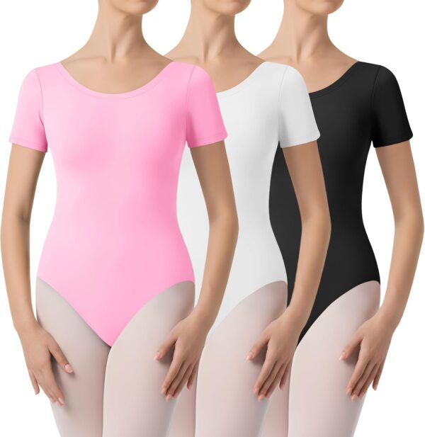 3 Pack Women's Classic Short Sleeve Dance Leotards Gymnastics Ballet Costumes Crew Neck Basic Adult Bodysuits
