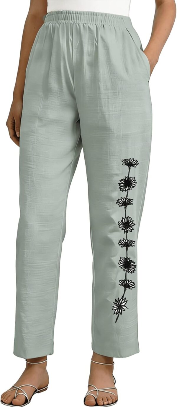 Women Linen Pants Summer 2026 High Drawstring Elastic Waist Daisy Embroidery Comfy Gauze Slacks Lightweight Casual Loose Trousers with Pockets Light Grey Floral Embroidery Size L