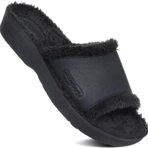 AEROTHOTIC House Slippers for Women Indoor Outdoor Slip on Recovery Plantar Fasciitis Relief Faux Fur Lining Footbed with Breathable Stylish Strap Walking Travel Fuzzy Slides