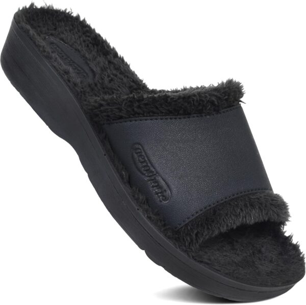 AEROTHOTIC House Slippers for Women Indoor Outdoor Slip on Recovery Plantar Fasciitis Relief Faux Fur Lining Footbed with Breathable Stylish Strap Walking Travel Fuzzy Slides