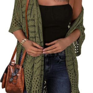 HOTOUCH Womens Knit Cardigan Open Front Outwear Hollow Out Crochet Tassel Lightweight Kimonos Sweater S-XXL