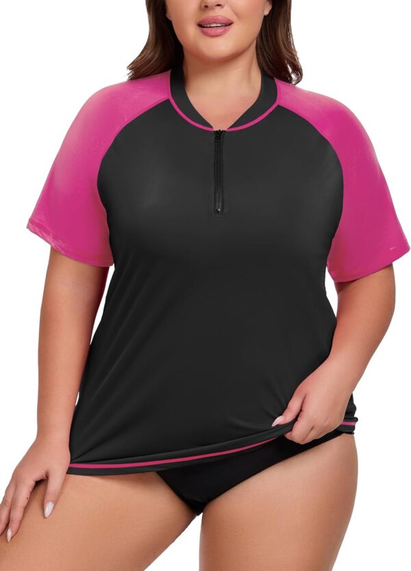 Women's Plus Size Short Sleeve Rash Guard Swim Shirt UPF 50+ Sun Protection Zip Swimsuit Tops 1XL-5XL