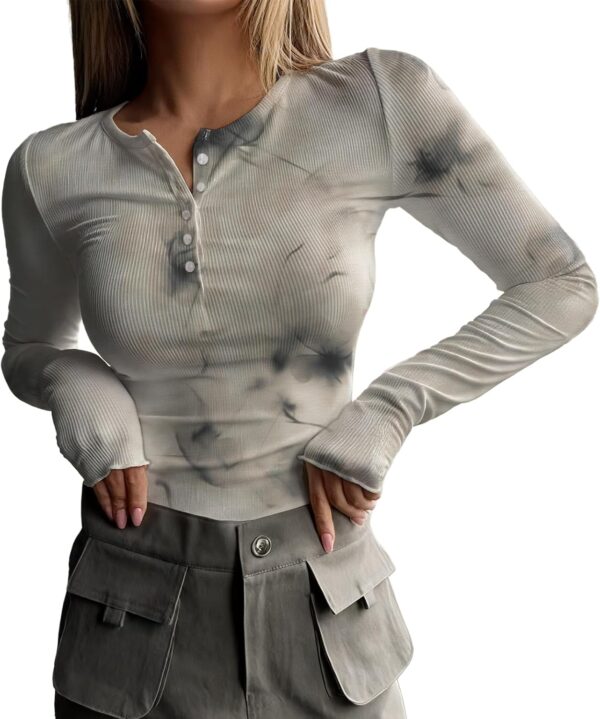 Vintage Womens Long-Sleeved Half Button T Shirts Casual Tshirt Crewneck Fitted Tee Long Sleeve Oversized Tops Women