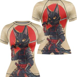FORMONIES Samurai Pets Women’s Rash Guard Short Sleeve – Base Layer Compression Shirt for BJJ MMA No-Gi & Jiu Jitsu