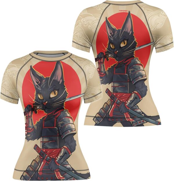 FORMONIES Samurai Pets Women’s Rash Guard Short Sleeve – Base Layer Compression Shirt for BJJ MMA No-Gi & Jiu Jitsu