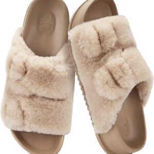 KuaiLu Women's Fluff Slippers Plantar Fasciitis Arch Support Platform Slippers Ladies Fashion Open Toe Faux Fur Sliders Womens House Slipper Size 6-12