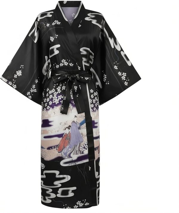 Women’s Lightweight Kimono-Style Robe, Japanese-Inspired Floral & Cloud Pattern, Cotton-Blend, One Size Fits Most