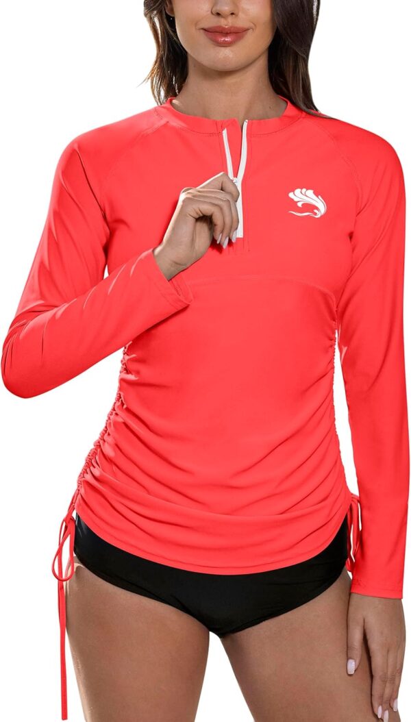 BesserBay Women's UPF 50+ UV Sun Protection Rash Guard Shirt Half Zip Long Sleeve Ruched Tie Side Swim Top Swim Shirt