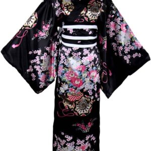 Kimono Costume Adult Japanese Geisha Floral Patten Gown Blossom Bathrobe Sleepwear With Obi Belt