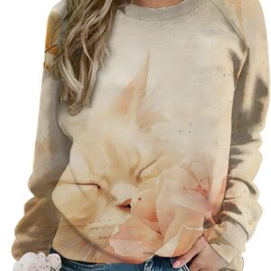 Sweatshirts for Women Trendy Cute Cat Sweaters Women's Casual Long Sleeve Crewneck Shirts Baggy Pullover Outfits