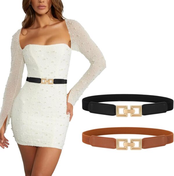 XZQTIVE 2 Pack Women Skinny Stretchy Cinch Belt for Dresses, Thin Elastic Belt Ladies Waist Belt with Retro Gold Buckle