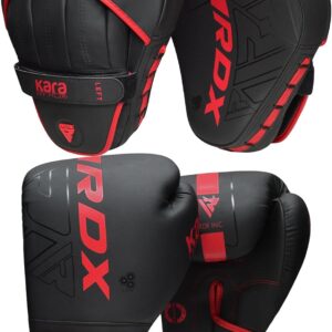 RDX Boxing Pads and Gloves Set, Maya Hide Leather Kara Hook and Jab Curved Focus Mitts with Punching Gloves for MMA, Muay Thai, Kickboxing Coaching, Martial Arts