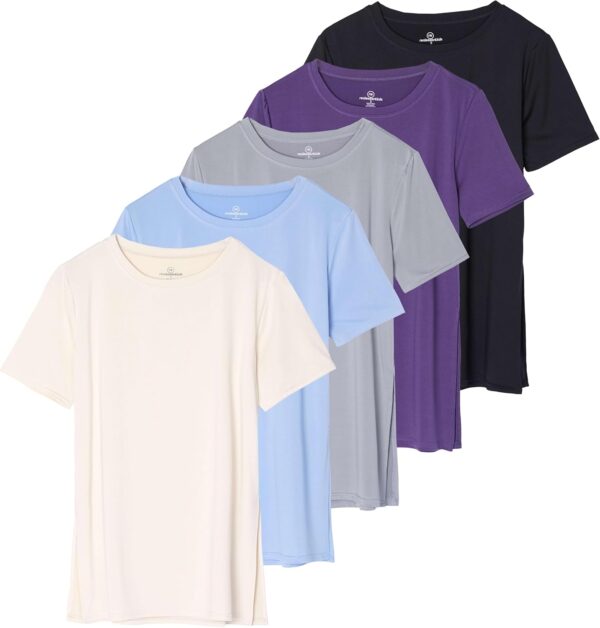 Real Essentials 5 Pack: Women's Short Sleeve Active Workout T-Shirts - Dry Fit Gym Tops with Split Hem (Plus Sizes)