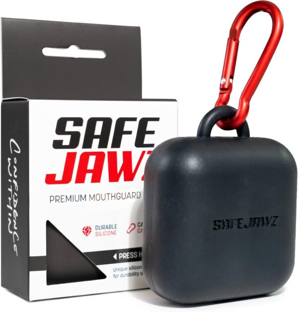 SAFEJAWZ Premium Mouthguard Case with Carabiner Clip, Durable and Flexible Silicone Design to Keep Mouth Guard Protected/Clean (One Size) (Black)