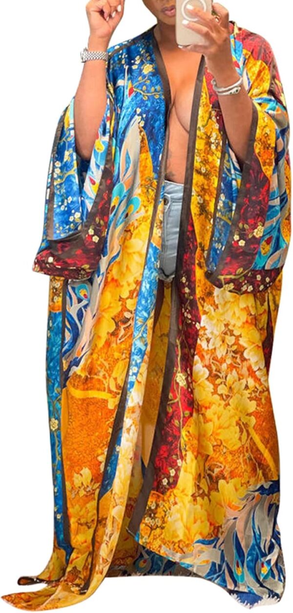 Famnbro Women's Floral Print Satin Robe Kimono Cardigan Open Front Long Cover Ups Outerwear One Size