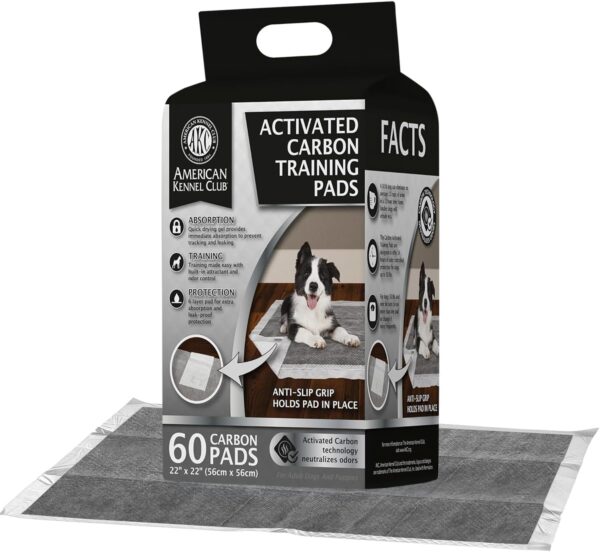 American Kennel Club Charcoal Puppy Training Pads, with Anti-Slip Adhesive Backing, Quick Dry Gel and Activated Carbon Odor Control (Charcoal, 22" x 22" - Pack of 60)