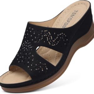 TEMOFON Women Wedge Sandals Dressy: Soft Leather Sandal, Rubber Sole, Comfortable Walking, Casual Slip on Summer Sandals