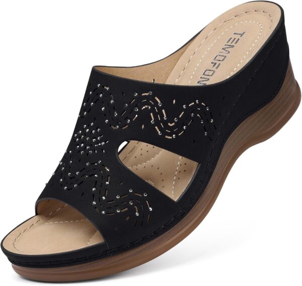 TEMOFON Women Wedge Sandals Dressy: Soft Leather Sandal, Rubber Sole, Comfortable Walking, Casual Slip on Summer Sandals
