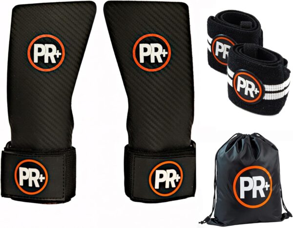 PR+ Gymnastics Hand Grips for Pull Ups Weightlifting and Cross Training - No Hole - Chalk Free - Triple Layer Hand Protection - Optional Wrist Wraps