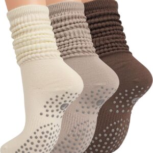 Grip Pilates Socks for Women, Yoga Slouch Socks with Grip for Barre Workout Hospital Long Scrunch Slipper Socks
