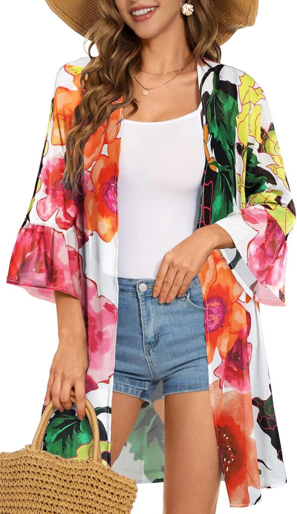 CHICGAL Womens Kimono for Summer Puff Sleeve Cardigan Casual Loose Fit Beach Cover Ups Resorts Swimwear