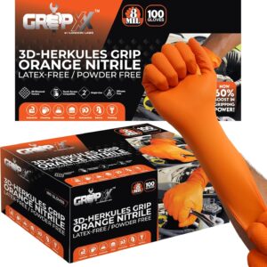 Herkules Grip Heavy Duty 8Mil Orange Nitrile Gloves,3D Raised Diamond Texture-Latex & Powder Free-Industrial, Mechanic (2, Large)