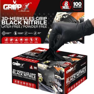 Herkules Grip Heavy Duty 8Mil Black Nitrile Gloves,3D Raised Diamond Texture-Latex & Powder-Free Industrial, Mechanic