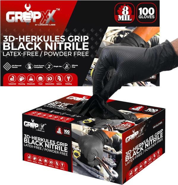 Herkules Grip Heavy Duty 8Mil Black Nitrile Gloves,3D Raised Diamond Texture-Latex & Powder-Free Industrial, Mechanic