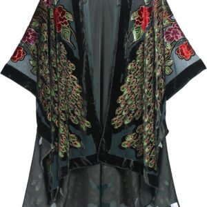 MJ SERECA Women's Burnout Velvet Kimono Long Cardigan Cover Up Casual Outfit Dark Green-Peacock