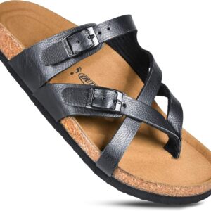 AEROTHOTIC Recovery Slides for Women Comfortable Memory Foam Cork Footbed Cute Faux Leather Adjustable Buckle Straps Walking Travel Outdoor women sandals