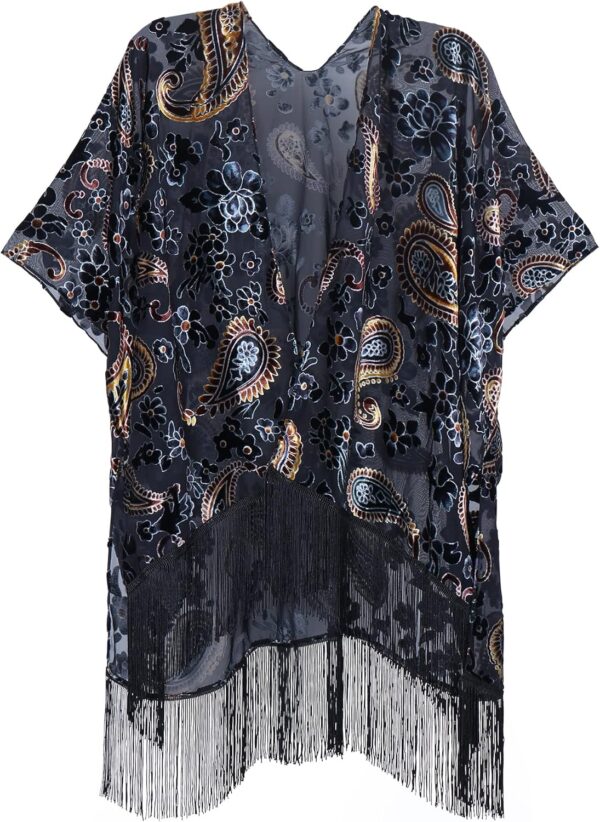 MJ SERECA Women's Burnout Velvet Kimono Cardigan Cover Up with Tassel